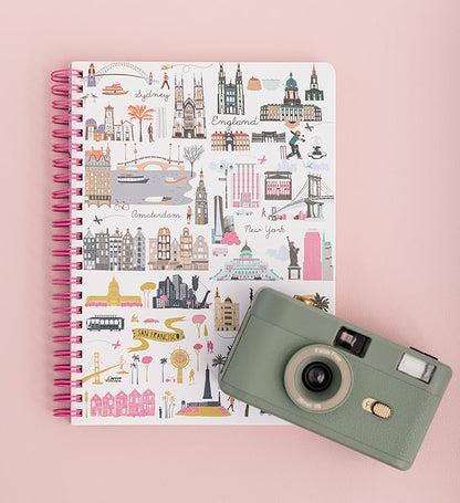 Steel Mill & Co Cute Mini Spiral Notebook, 8.25" x 6.25" Journal with Durable Hardcover and 160 Lined Pages, Travel Icons