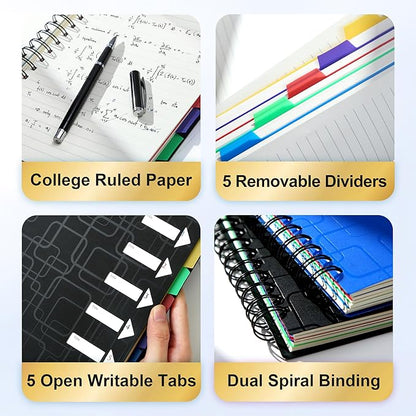 CAGIE 5 Subject Notebook for Work 240 Pages Spiral Notebooks College Ruled with Dividers Tabs A5 Small Note Book for School Office Supplies Note Taking, 5x7, Black
