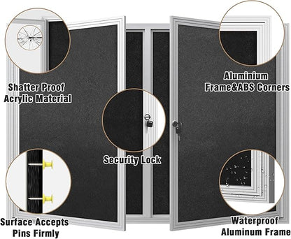 48"x34" Enclosed Bulletin Board, Outdoor Lockable Weather-Resistant Aluminum Cork Noticeboard for School & Office, Silver Frame w/Black Flet