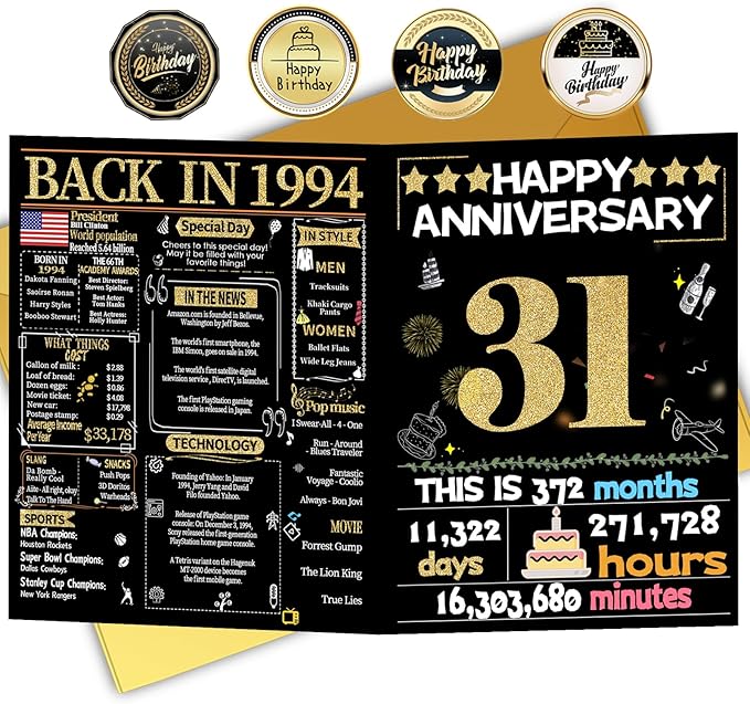 Joycard 31st Anniversary Card for Women Men, Gold Wedding Card for Wife Husband, Sweet Marriage Decorations Gifts for Couple, Perfect for Her Him on Anniversary Day, Back in 1994