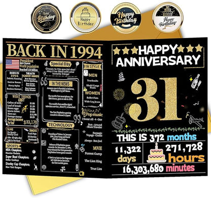 Joycard 31st Anniversary Card for Women Men, Gold Wedding Card for Wife Husband, Sweet Marriage Decorations Gifts for Couple, Perfect for Her Him on Anniversary Day, Back in 1994