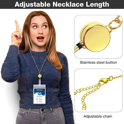 Outus 2 Pieces Badge Lanyard with ID Holders Stainless Steel Badge Holders Necklace Retractable Reel Clip Chain Water Resistant Name(Gold, Black)