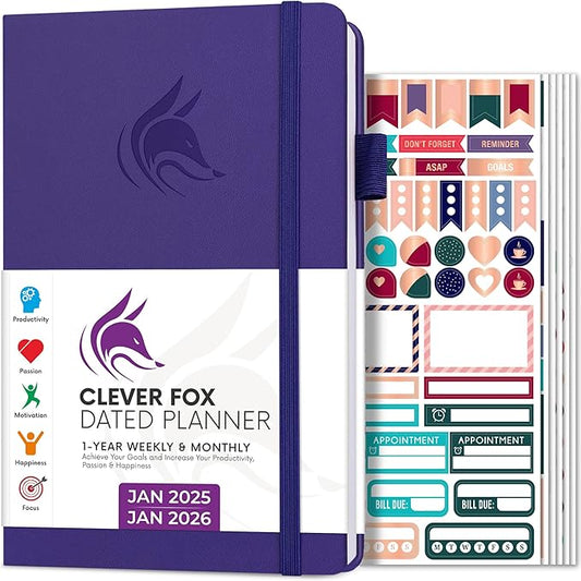 Clever Fox Dated Planner 2025-2026 – Weekly Life Planner Notebook for Goal Setting & Time Management – Planner with Habits Tracker, to-do List & Dated Pages – A5, Lasts 1 Year (Purple)