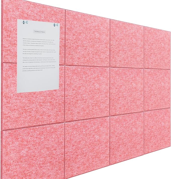 Large Cork Board Alternative - 12 Pack Felt Wall Tiles Office Decor Cork Board for Office, Cork Boards for Walls, Pink Bulletin Board Pin Board with Safe Adhesive for Office/Home/School