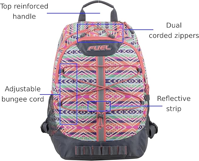 FUEL Hiking Backpack for Women Men Terra Sport, Travel, College, Gym, Work with Laptop Sleeve, Bungee, 18 Inches, Sweet Orange Aztec