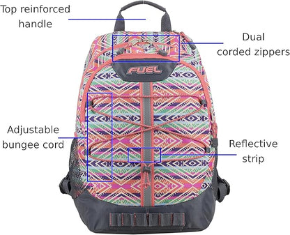 FUEL Hiking Backpack for Women Men Terra Sport, Travel, College, Gym, Work with Laptop Sleeve, Bungee, 18 Inches, Sweet Orange Aztec