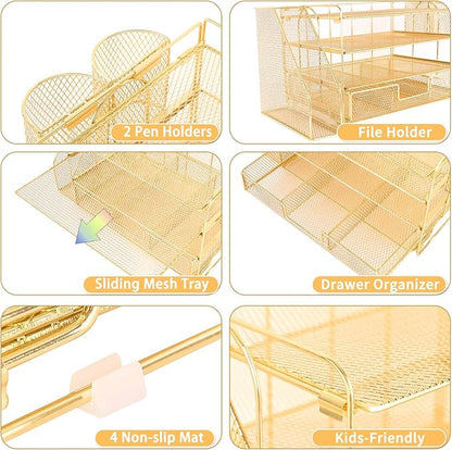 Desk Organizers and Accessories, Desk Accessories & Workspace Organizers for Office Supplies, File Organizer Desk Drawer Organizer with 2 Pen Holders, 4 Tier Paper Organizer for Desk (Gold)