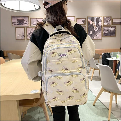 Roffatide Anime Pompom Purin All Over Print Large Capacity Casual Backpack Laptop Backpack Travel Hiking Rucksack Bike Backpack Yellow