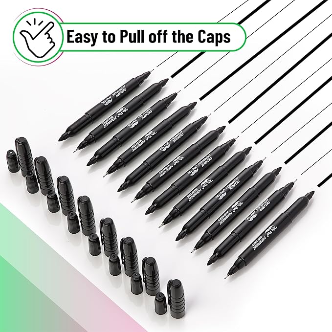 Mr. Pen - Dual Tip Permanent Markers, 12 Pack, Black, Fine & Ultra Fine Point