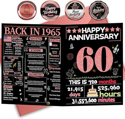 Joycard 60th Anniversary Card for Women, Diamond Wedding Card for Wife, Sweet Marriage Decorations Gifts for Couple, Perfect for Her on Anniversary Day, Back in 1965