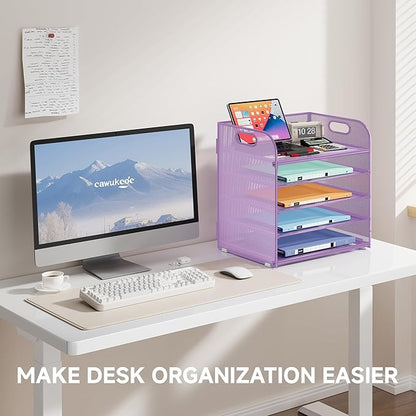 5 Tier Paper Organizer with Handle, Metal Mesh Desk Organizer File Folder Organizer Paper Letter Tray Desktop Document Sorter for Classroom, School, Office Organization and Storage - Purple