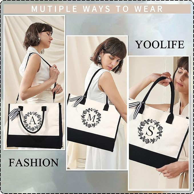 YOOLIFE Personalized Gifts for Women, Initial Canvas Tote Bag for Women Beach Bag Unique Best Friend Mom Gifts From Daughter Teacher Sister Wife Wedding Gifts Birthday Gifts Graduation Gift for Her L