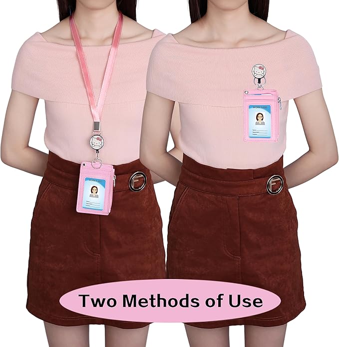 Cute ID Badge Holder Retractable Lanyard Reel Clip with Heavy Duty Carabiner,5 Card Slots in2 Sided with Key Ring and Zipper for Students Teens Boys Girls Office Staff Women (01 Pink CatA)