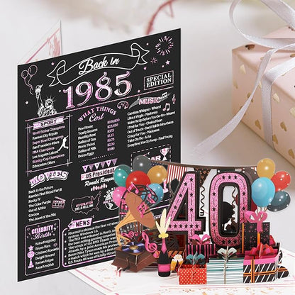 40th Birthday Card for Women Her, Jumbo 3D Pop Up 40th Birthday Gifts, Back In 1985 Happy 40 Year Old Sister Birthday Decorations Cards Card for Wife, Rose Gold