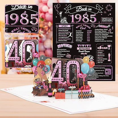 40th Birthday Card for Women Her, Jumbo 3D Pop Up 40th Birthday Gifts, Back In 1985 Happy 40 Year Old Sister Birthday Decorations Cards Card for Wife, Rose Gold