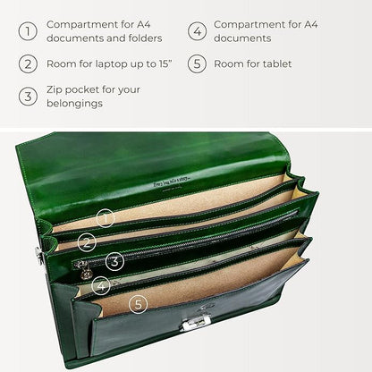 Time Resistance Leather Briefcase for Men - Business Laptop Bag - Italian Handmade Leather Bag - Attache - Gift Box Included