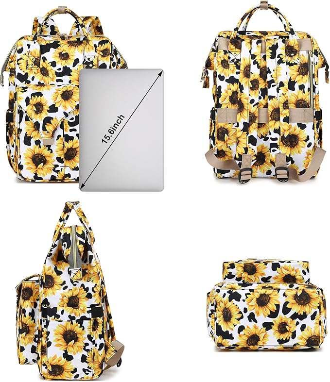 Sunflower Cow Print Laptop Backpack College School Backpack Bookbags Nurse Backpacks Travel Bags Casual Daypacks for Women Girls Fits 15.6 Inch Notebook