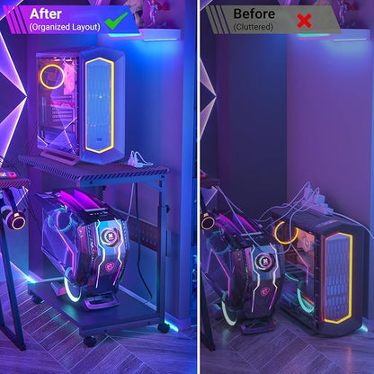 Computer Tower Stand with Power Strips, Height Adjustable PC Tower Stand/Cart with Wheels, Mobile Rolling CPU Holder, Computer Cart Side Stand for Computer Desk, 24", Carbon Fiber Black