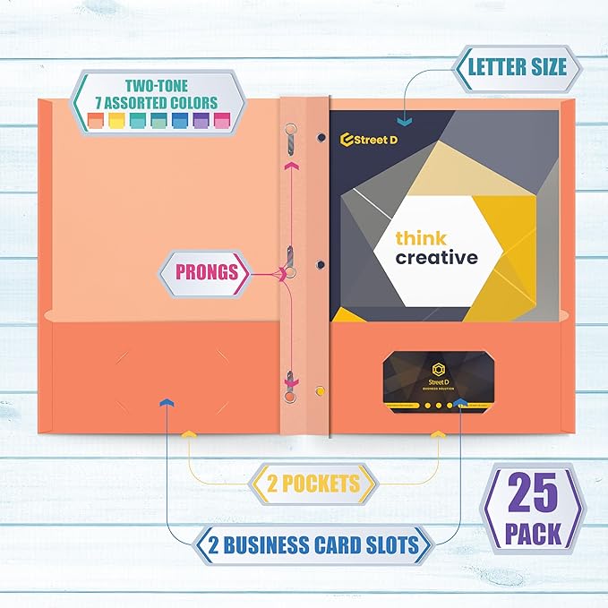 2 Pocket Folders, Assorted 7 Vibrant Colors with Complementing Interior Colors, Fits Letter Size Paper, for School, Office, Home (with Prongs, 25)