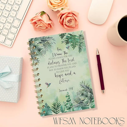 Christian Bible Journals for Women, Prayer Journal for Women, for I Know the Plans I Have for You, Bible Notebooks for Note Taking, Green Tropical Leaves Hardcover Spiral Notebook 5.5x8.3