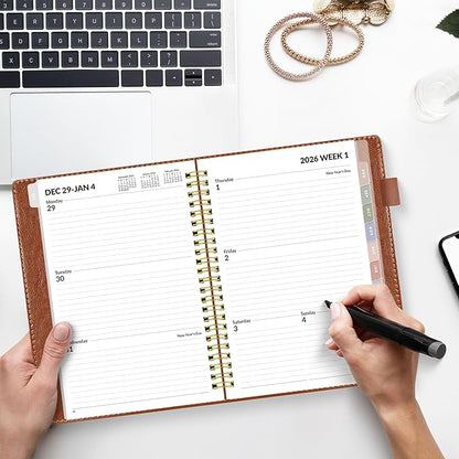 SUNEE 2026 Weekly & Monthly Planner 6.4"x8.5"- 12 Month (January 2026 - December 2026), Vegan Leather Cover, Pocket, Bookmark, Notes, Monthly Tab, Brown