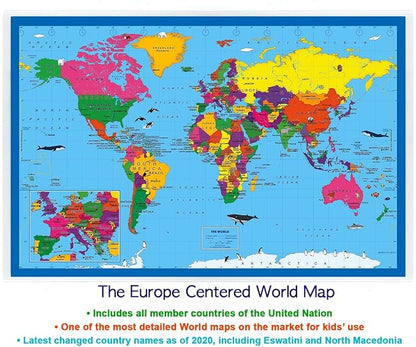2-Sided Desk Map with Durable Lamination (2 Children's Desk Maps: One US/US Centered World Map; One US/Europe Centered World Map)