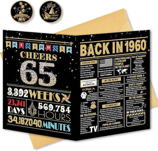 65th Birthday Card, 65th Birthday Gifts for Women Men, 65th Birthday Decorations for Him Her, Back in 1960 Birthday Card, Black Gold