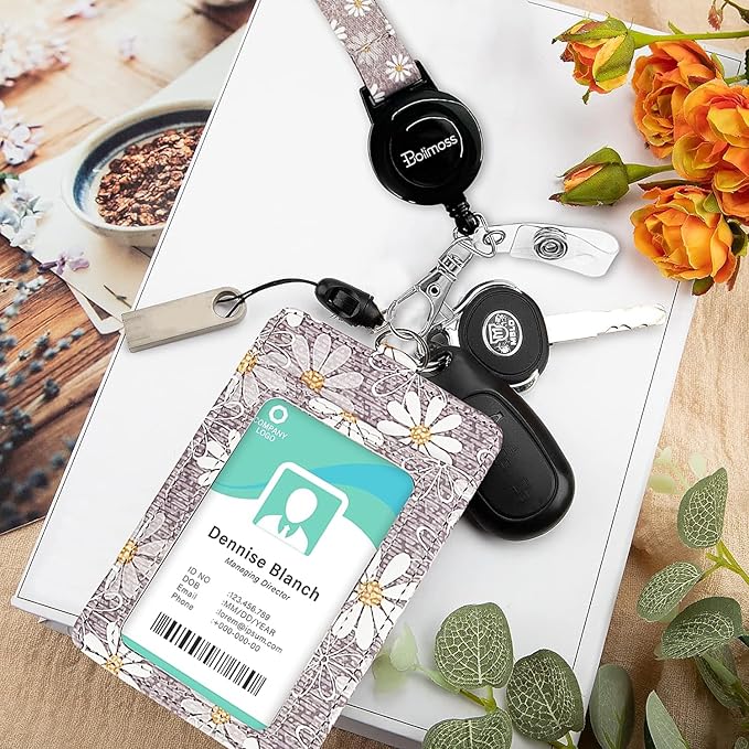 bolimoss Daisy ID Badge Holder with Adjustable Lanyard,Retractable ID Badge Card Holders Detachable Neck Lanyard Strap with Badge Reel and Leather ID Holder for Nurse Students Teachers Office Staff