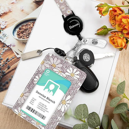 bolimoss Daisy ID Badge Holder with Adjustable Lanyard,Retractable ID Badge Card Holders Detachable Neck Lanyard Strap with Badge Reel and Leather ID Holder for Nurse Students Teachers Office Staff