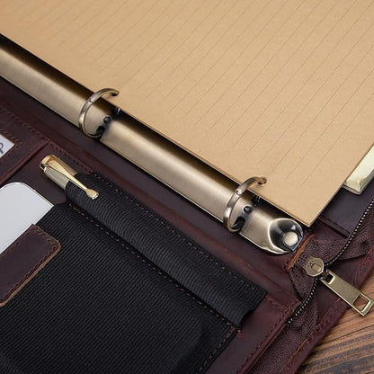 Genuine Leather Portfolio with 3 Ring Binder, Full Grain Leather Padfolio Zippered, A4 Notebook Holder Laptop Sleeve Professional Folder Organizer Gift for Men and Women, Dark Brown