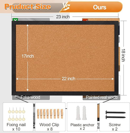 Miratino Cork Board Bulletin Board, 23x18 Inches Wooden Frame Pin Board, Cute Cork Boards for Walls Hanging for Office, Home Decor, School (Pins, Clips, Strings) Black