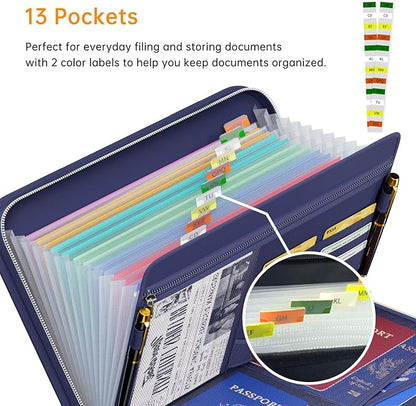 Tamfile Fireproof Accordion File Organizer with Handle, 13 Pocket Expanding File Folder with Zipper & Labels, File Folder with Multi-Pockets Paper Organizer Folder for Letter A4 Files, Blue