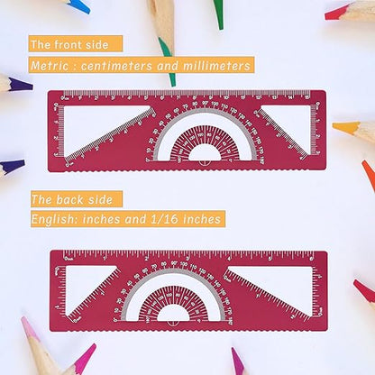 4-in-1 Geometry Set, Metal Math Ruler Kit- Aluminium Protractor, 2 Precision Triangles, Straight Edge Rule - Multifunctional Drafting& Measuring Small Ruler for Kids School - 6 in, Red