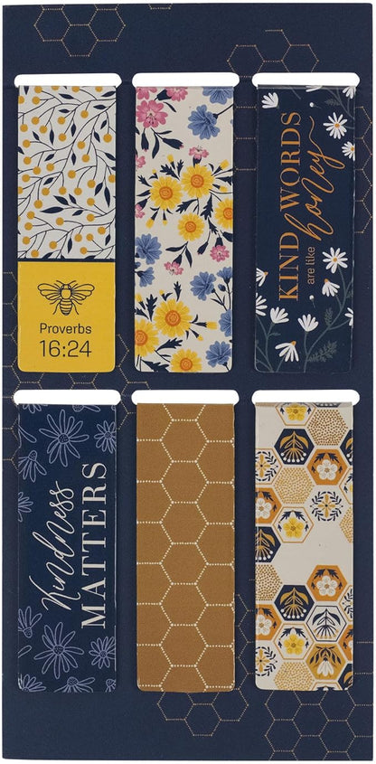 Christian Art Gifts Colorful Inspirational Magnetic Scripture Bookmark Set for Women: Kind Words are Like Honey Themed Navy Blue & Yellow Multicolor Floral Theme for Books, Bibles, Papers, Set of 6