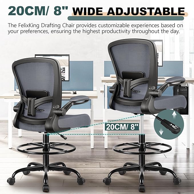 FelixKing Drafting Chair Ergonomic Tall Office Chair, Breathable Mesh Chair with Adjustable Footrest Ring Lumbar Support Flip-up Armrests, High Back Executive Comfy Task Computer Chair for Home Office