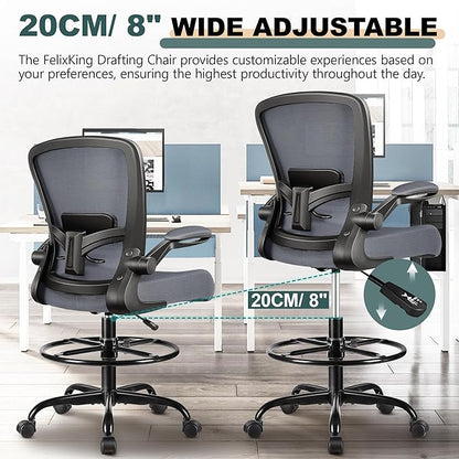 FelixKing Drafting Chair Ergonomic Tall Office Chair, Breathable Mesh Chair with Adjustable Footrest Ring Lumbar Support Flip-up Armrests, High Back Executive Comfy Task Computer Chair for Home Office