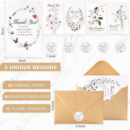 C2U Funeral Thank You Cards with Envelopes(50 Pack 4"x6"),Stickers & Message Inside - Wildflower Bereavement Sympathy Thank You Cards for Funeral Family Friends Loved Ones