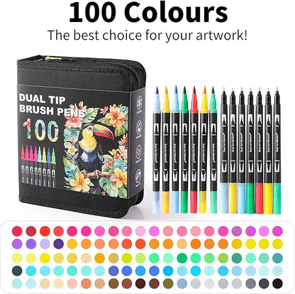 Double Brush Marker Pens, 100 Colors Art Markers Set with Fine Tip and Brush Tip for Kids Adult Coloring Book Hand Lettering Calligraphy Drawing Art Supplies Kit