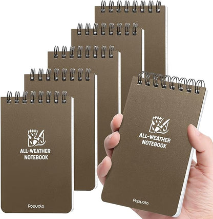 POPYOLA 6 Pack Waterproof Pocket Notebook, 3x5 Pocket Notepad, All Weather Mini Spiral Notepad, Write in the Rain Police Notepad with 100 Squared Pages for Outdoor Home Office School, Tan