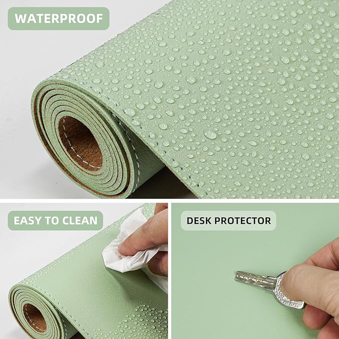 Leather Desk pad Protector, Large Desk mat with Natural Cork & PU Leather,Mouse pad,Non-Slip Office Desk Mat,Waterproof Desk Writing Pad for Office and Home (35in*17in, Light Green)