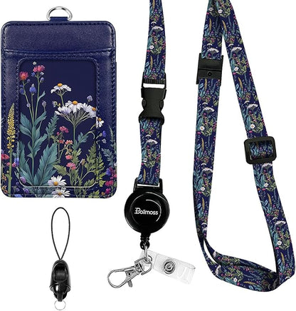 Floral Badge Holders, Vertical PU Leather ID Card Name Bdge Holder with Detachable Neck Lanyard Strap and Retractable Badge Reel Metal Clip Sturdy Buckle for Key Wallet (Wildflower)