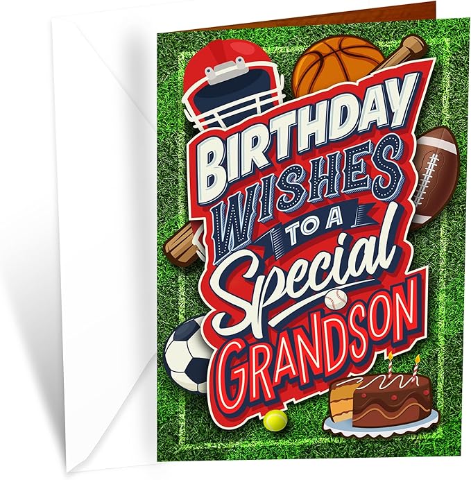 Prime Greetings Grandson Birthday Card, Made in America, Eco-Friendly, Thick Card Stock with Premium Envelope 5in x 7.75in, Packaged in Protective Mailer