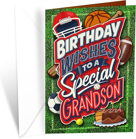 Prime Greetings Grandson Birthday Card, Made in America, Eco-Friendly, Thick Card Stock with Premium Envelope 5in x 7.75in, Packaged in Protective Mailer
