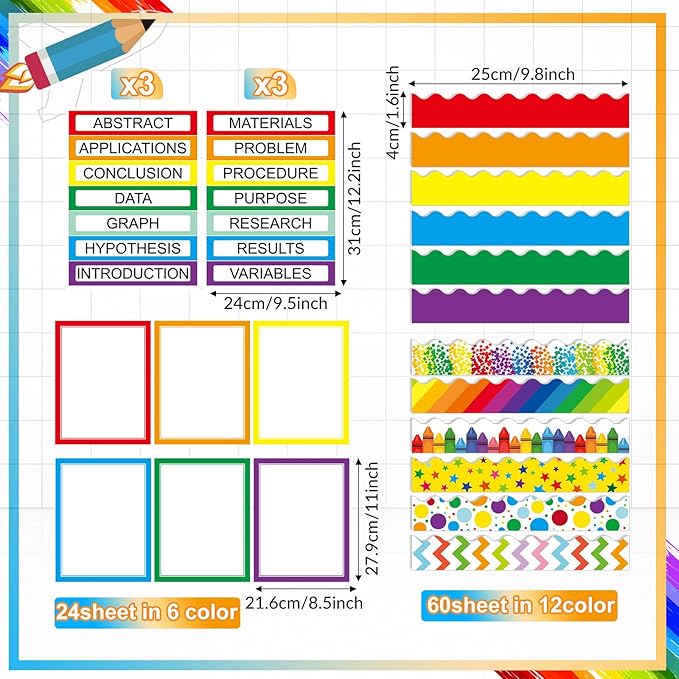 90 Pcs Science Fair Board Supplies 60 Trim Scalloped Bulletin Board Borders 24 Presentation Board Subtitles 6 Science Fair Titles for Classroom Display Boards (Rainbow)