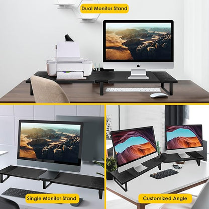 Dual-Monitor-Riser-Stand-For-Desk, Large Monitor Stand Riser For 2 Monitors With Adjustable Length Angle, Double Computer Riser For Desktop Organizer, Monitor Shelf Riser For TV Laptop Printer