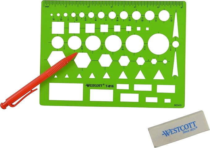Westcott T-816 All-Purpose Technical Drawing Template, Plastic Shape Template Tool, Green, 4.5 by 6 in