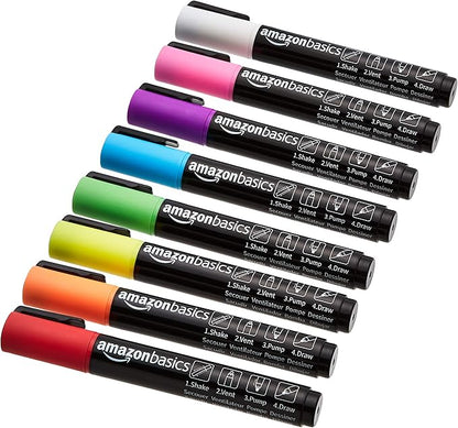 Amazon Basics Bullet/Chisel Reversible Tip Chalk Markers, Bold Point, 8 Pack, Bright Colors