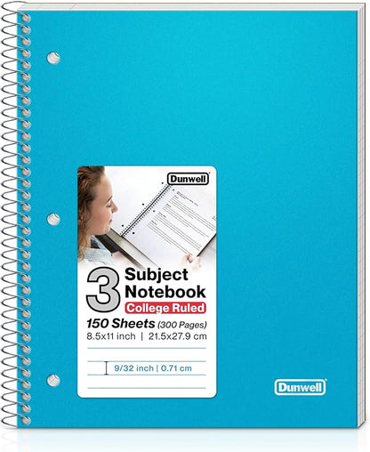Dunwell 3 Subject Notebook College Ruled (Blue), 150 Sheets (300 Pages), Spiral Notebook 8.5 x 11, Plastic Cover, 3 Pocket Divider Folders, 3-Hole Punched Perforated Paper