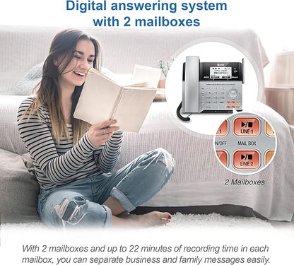 AT&T TL86103 2-Line Corded/Cordless for Small Business with Answering Machine, 2-Mailboxes, Connect-to-Cell, Caller ID Announcer, Intercom, Line-Power, Long Range & Expandable to 12 Handsets