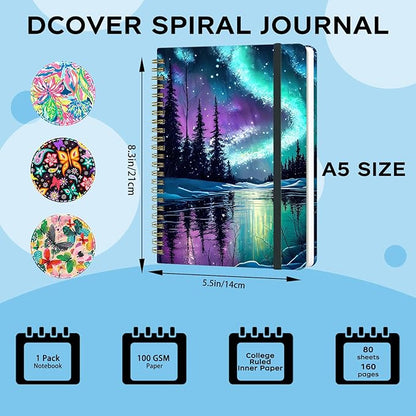 Spiral Notebook - A5 Spiral Notebooks, 8.3'' × 5.8'', 160 Pages, Aesthetic Journaling Notebooks for Women, College Lined Notebook with Elastic Closure, Back Pocket, for School Office, Starlit sky